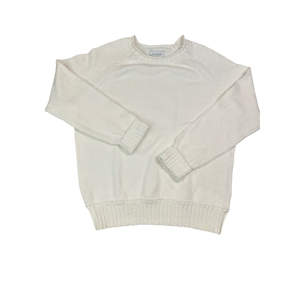 Evereve Womens Cream Cotton Knit Raglan Sleeve Crew Roll Neck Sweater Size M